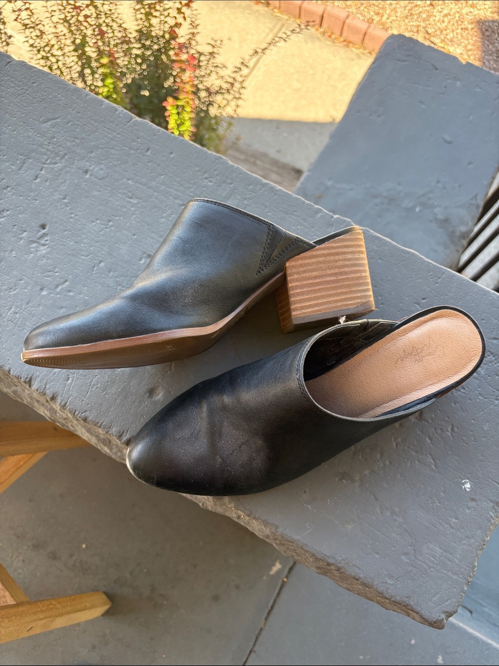Crown Vintage Black Leather Slip-On Mule Booties with Stacked Wood Heel